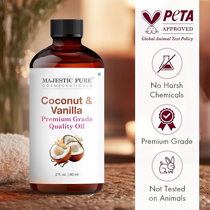 Majestic Pure Coconut Vanilla Essential Oil with Glass Dropper - 2 Fl Oz - 100% Pure and Natural Coconut Vanilla Oil - Premium Grade Essential Oils for Diffuser, Aromatherapy, Soap and Candle Making