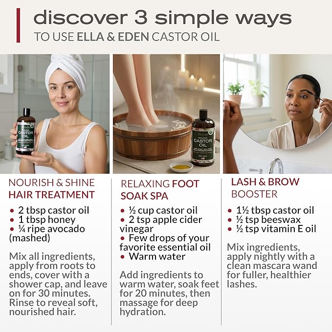 Ella & Eden Organic Castor Oil | Big 32oz Glass Bottle | Cold-Pressed, Hexane-Free, USDA Certified, Unrefined & 100% Pure - for Hair Growth