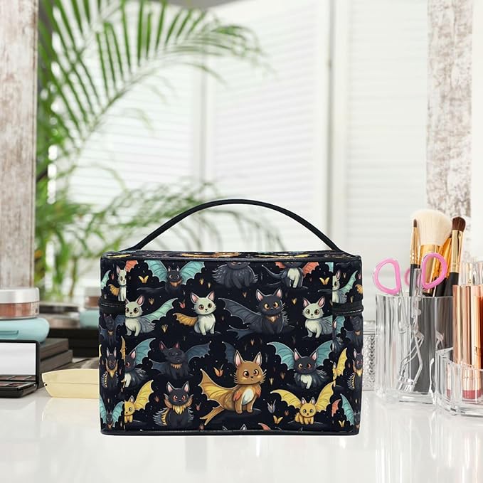 MNSRUU Makeup Bags, Gothic Skull Cat Bat Makeup Organizer Bags Toiletry Bag Box Travel Cosmetic Bag Make Up Train Case for Women Teen Girl Ladies