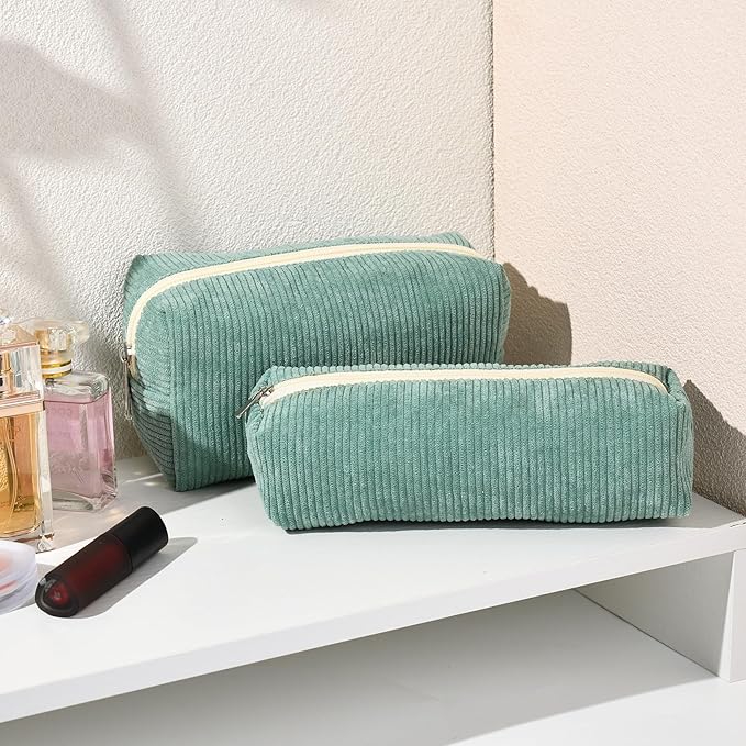 SOIDRAM Makeup Bag Corduroy Cosmetic Bag Cute Green Makeup Pouch 1Pcs Large Capacity Makeup Bags and 1Pcs Makeup Brushes Storage Bag Travel Toiletry Bag Organizer