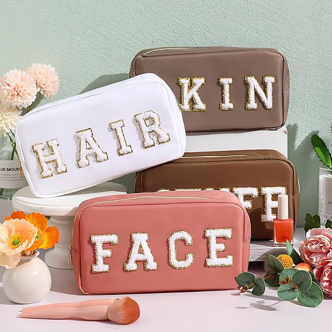 Remerry 4 PCS Nylon Cosmetic Bags Waterproof Spacious Travel Makeup Organizer for Women Chenille Letter Preppy Zipper Pouch Face Stuff Skin Hair Organizer Gift(Multicolor)