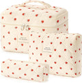 HBselect Quilted Makeup Bag, 3PCS Cotton Large Travel Makeup Bag, Cute Floral Coquette Make up Bag Cosmetic Bag Toiletry Bag for Women Girls