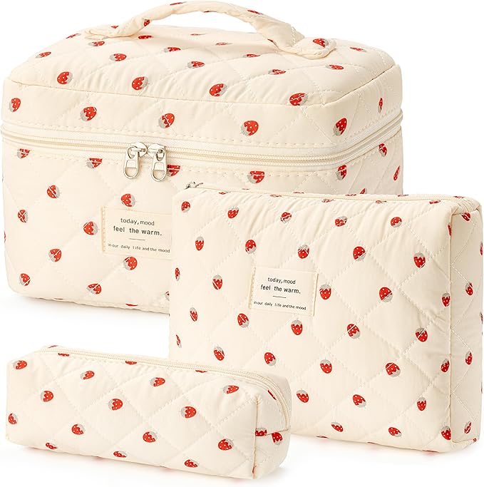 HBselect Quilted Makeup Bag, 3PCS Cotton Large Travel Makeup Bag, Cute Floral Coquette Make up Bag Cosmetic Bag Toiletry Bag for Women Girls