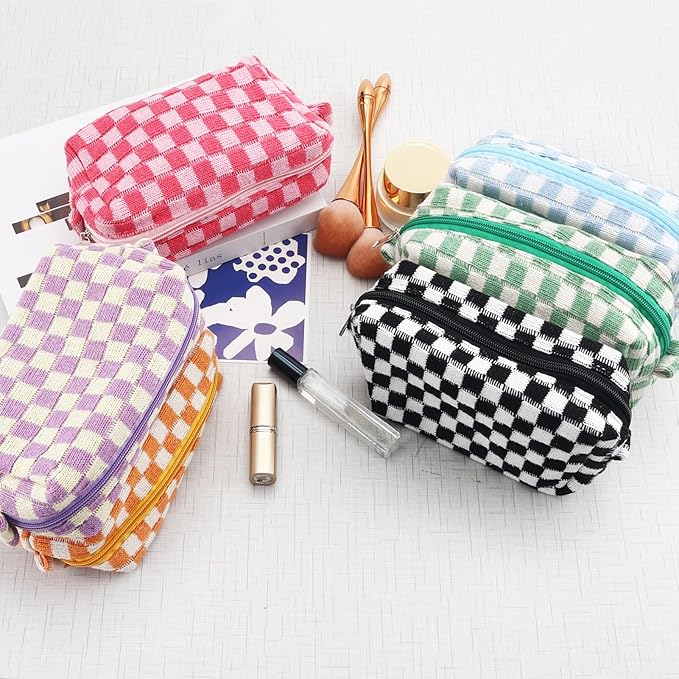 ZLFSRQ 6Pcs Checkered Pencil Case Cute Pencil Pouch for Teens Checkered Makeup Bag Colorful Medium Travel Cosmetic Bag Pink Makeup Pouch for Purse Aesthetic Trendy Zipper Toiletry Bags Organizer