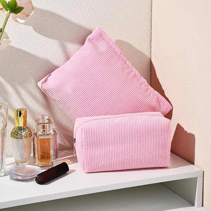 SOIDRAM 2 Pieces Makeup Bag Large Corduroy Cosmetic Bag Capacity Canvas Mix Travel Toiletry Bag Organizer Cute Makeup Brushes Aesthetic Accessories Storage Bag for Women,Corduroy Mix Hot Pink
