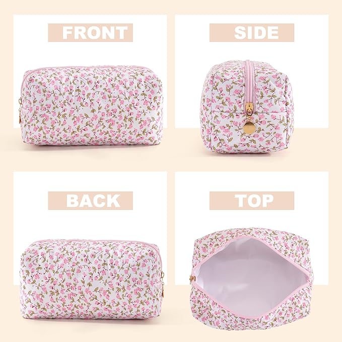 Makeup Bag Travel Toiletry Bag for Women, Small Cosmetic Bags Cute Quilted Cotton Makeup Pouch for Purse Emergency Bag for School Floral Pencil Case Accessory Bag, Pink