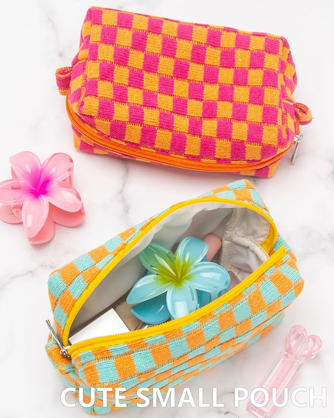 PAZIMIIK 2PCS Checkered Makeup Bag for Purse Portable Zipper Make Up Pouch Small Cosmetic Case for Travel Accessories Orange Green