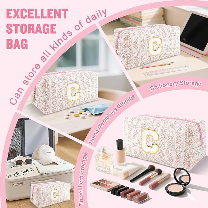 Personalized Quilted Cosmetic Bag, Puffy Monogrammed Christmas Birthday Gifts for Women & Girls, Cute initial Floral Makeup Bag Puffer Coquette Bag, Aesthetic Travel Toiletry Zipper Pouch(Pink,C)
