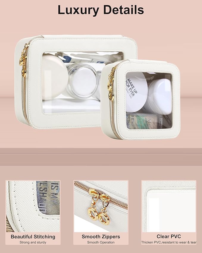 Leather Clear Makeup Bags Set - Travel Clear Cosmetic Bag Case with Zipper, Transparent TSA Approved Toiletry Bags for Travel Essentials Car Accessories for Women (White, S+M)