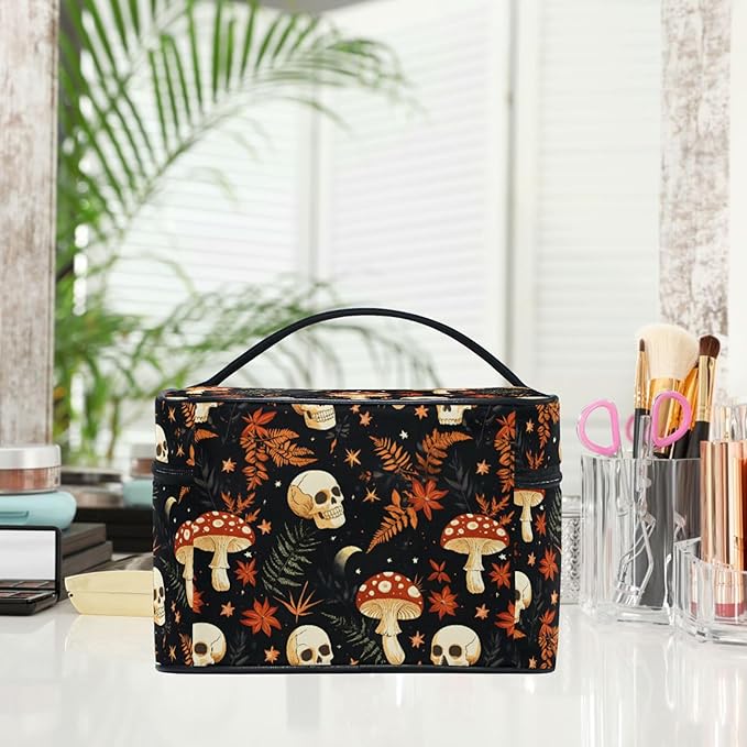 MNSRUU Makeup Bags, Mushrooms Skull Makeup Organizer Bags Toiletry Bag Box Travel Cosmetic Bag Make Up Train Case for Women Teen Girl Ladies