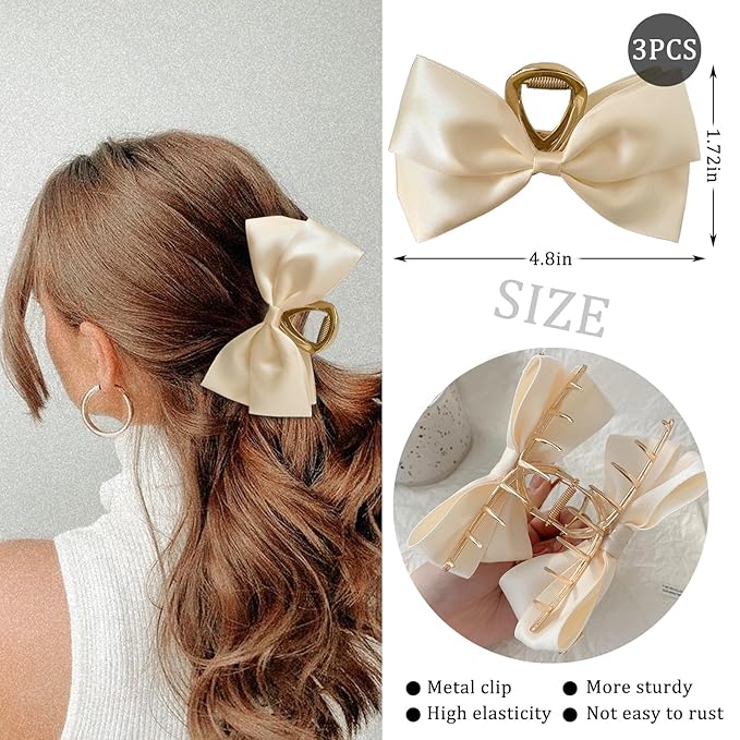 YONOY 3PCS Metal Claw Hair Clips for Women & Girls - Premium Bow-knot Nonslip Claw Clips for Thick & Thin Hair, Big Bows (Black, White, Khaki)