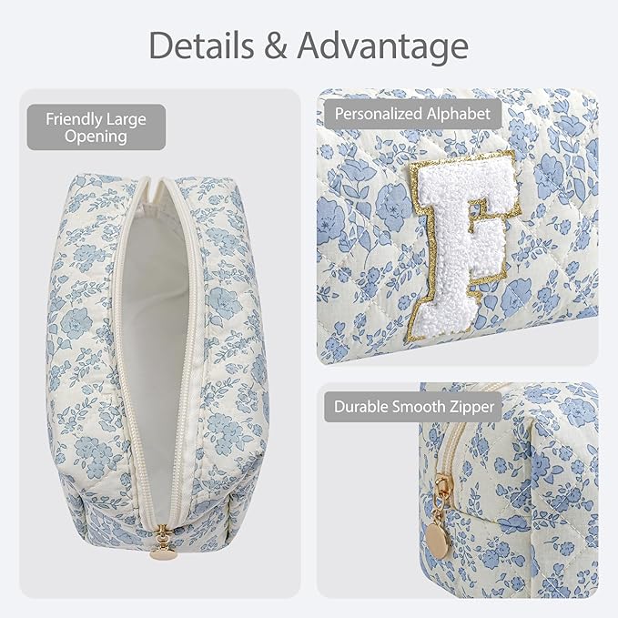 Gleyemor Personalized Initial Makeup Bag for Women, Cute Quilted Blue Floral Cotton Cosmetic Bag, Christmas Gifts for Her Mom Friend Sister Bridesmaid Teacher Women F