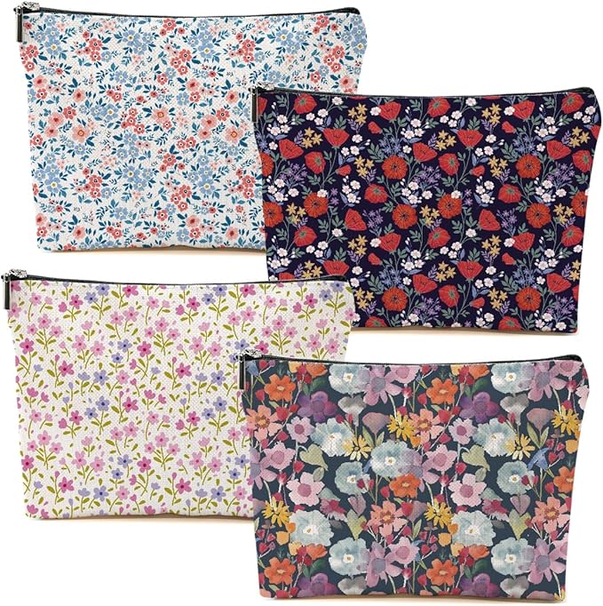 4 Packs Cute Flowers Makeup Bag Floral Wildflower Cosmetic Bag Friend Friendship Gifts for Women Girls Sister Daughter Botanical Travel Organizer Zipper Pouch Christmas Thanksgiving Birthday Gifts