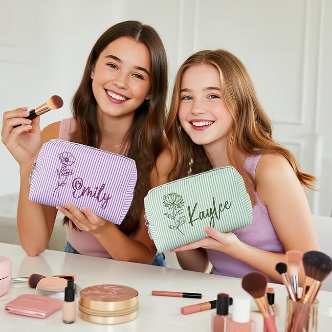 Yofair Personalized Makeup Bag with Bith Flower, Large Capacity Travel Toiletry Case Teen Girl Gift Trendy Stufff Custom Seersucker Cosmetic Bags Birthday Gifts for Girls Women
