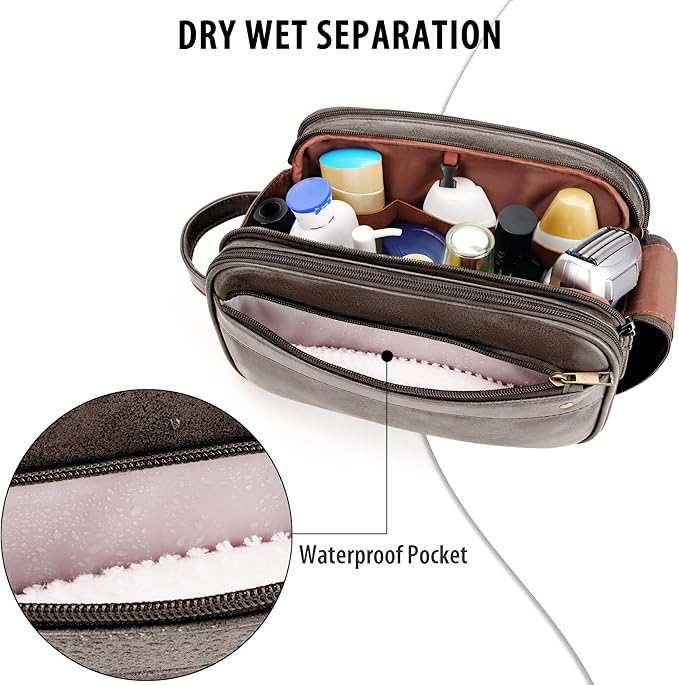 Travel Toiletry Bag for Men, Large Hanging Toiletries Organizer Bags for Women, Cruise Ship Essentials, Water-resistant Shaving Case, PU Leather Makeup Accessories Cosmetic Dopp Kit, Dark Brown