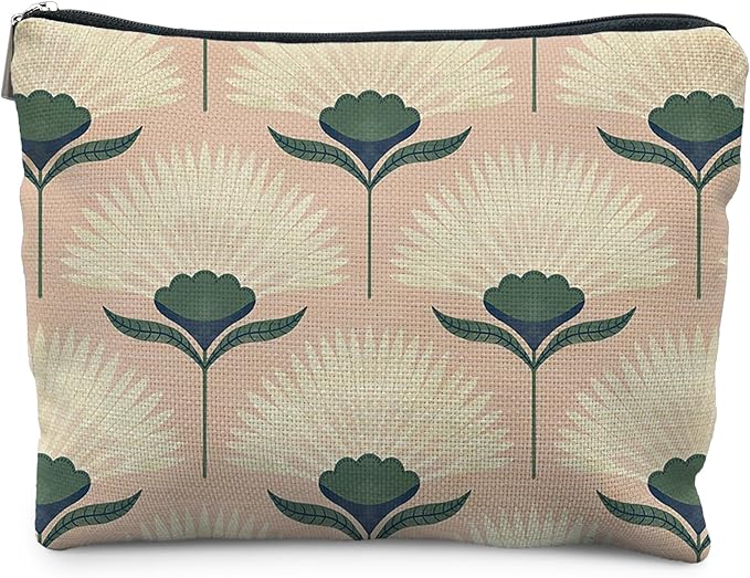 Vintage Boho Floral Pink Makeup Bag, Art Deco Floral Botanical Cosmetic Bags for Women, Boho Gifts for Women, Retro Mid Century Modern Art Zipper Makeup Pouch