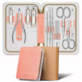 DEOU Professional Nail Set 11 in 1 stainless steel home care nail clippers, men's luxury travel leather storage box, women's beauty kit (Pink)