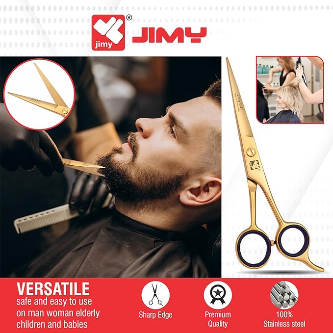 Jimy 6.5" Hair Scissors Professional – Ultra Sharp Razor Edge Stainless-Steel Scissors to Cut Hair – Ergonomic Design Salon Quality Hair Shears for Men, Women & Barbers