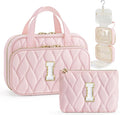 YOOLIFE Travel Toiletry Bag for Women - Hanging Toiletry Bag Initial Makeup Bag, Portable Toiletries Cosmetic Bag, Airplane Travel Essentials - Letter I, Pink