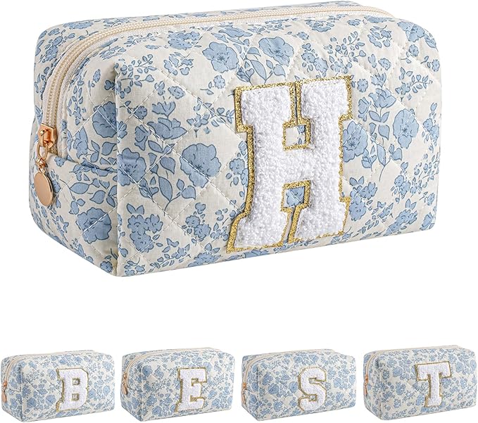 JOVAKIT Alphabet Makeup Bag Cosmetic Bag for Women, Christmas Gifts for Girls Age 6-18, Floral Flowers Coquette Travel Toiletry Zipper Make Up Pouch Organizer Trendy Stuff (Blue Floral H)