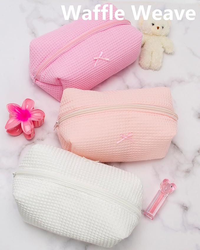 PAZIMIIK 2PCS Cozy Makeup Bag Travel Cosmetic Bag for Women Soft Toiletry Bag Aesthetic Makeup Organizer Portable Large Zipper Pouch for Skincare Beauty Accessories Brushes Waffle Check Light Pink