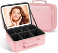 JUSRON Travel Makeup Bag With LED Mirror, Train Case with Light up Mirror, Portable Makeup Artist Organizer Bag with Adjustable Dividers, Makeup Brush Holder Storage (Pink, Large)