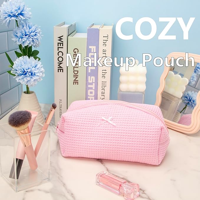 PAZIMIIK 2PCS Cozy Makeup Bag Travel Cosmetic Bag for Women Soft Toiletry Bag Aesthetic Makeup Organizer Portable Large Zipper Pouch for Skincare Beauty Accessories Brushes Walffle Check Pink