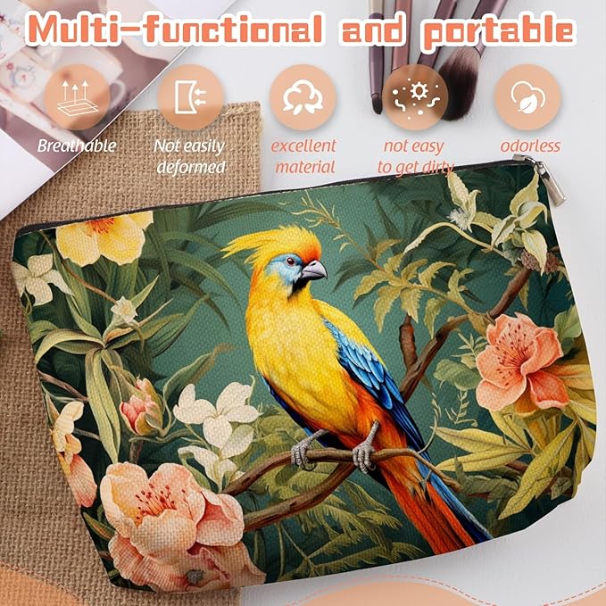 Makeup Bag Travel Cosmetic Bags Small Makeup Case Waterproof Zipper Pouch for Women Girls 7X9inches - Colorful Bird on A Branch with Tropical Flowers