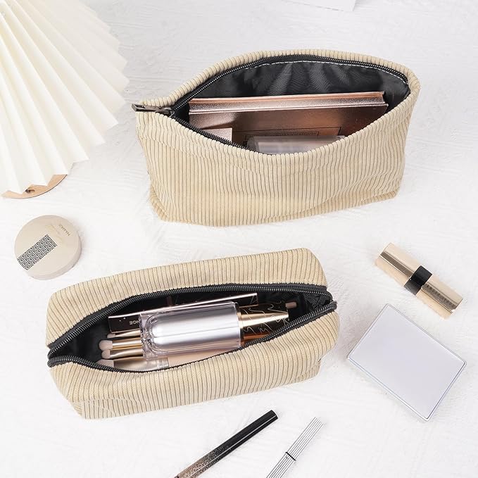 MAGEFY Small Makeup Bag, 2 PCS Corduroy Make up Bag for Purse Large Capacity Travel Cosmetic Bag for Women Zipper Makeup Pouch for Travelling Preppy Stuff - Beige