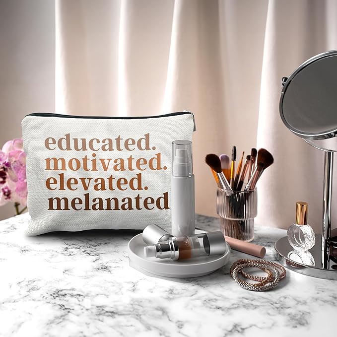 Nogrit Gifts for Black Women Girls Makeup Bag Cosmetic Bag,Educated Motivated Elevated Melanated, African American Makeup Bag, Melanin Makeup Travel Toiletry Bag
