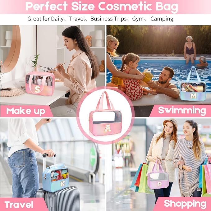 Personalized Initial S Clear Blue Makeup Bag - Large Travel Toiletry Bag, Cute Cosmetic Organizer Set for Girlfriend, Teacher, Teen Girl Gifts