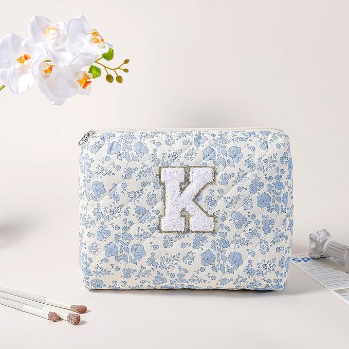JOVAKIT Alphabet Makeup Bag Cosmetic Bag for Women, Christmas Gifts for Girls Age 6-18, Floral Flowers Coquette Travel Toiletry Zipper Make Up Pouch Organizer Trendy Stuff (2Pcs Blue Floral K)