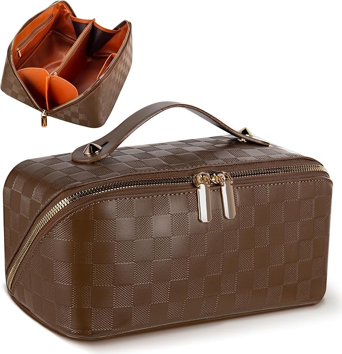 Abiudeng Travel Makeup Bag,Large Capacity Toiletry Bag Cosmetic Bags for Travel Essentials,Waterproof Portable Pouch Open Flat Makeup bag Organizer with Divider and Handle(Checkered-Brown)
