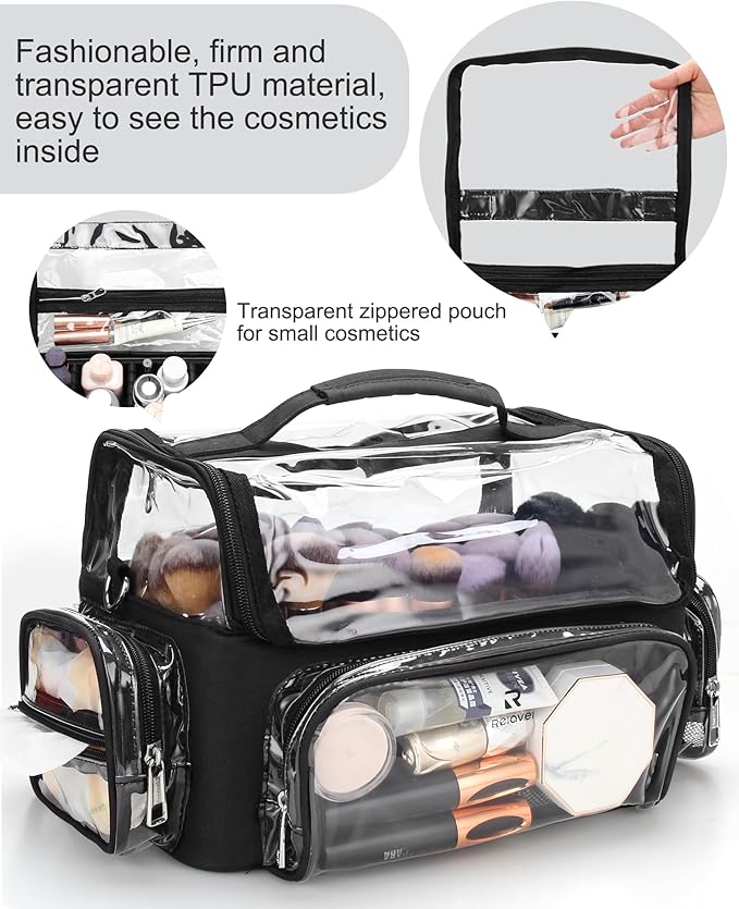 Makeup Brush Bag, Makeup Brush Case for Makeup Artist with Plastic Dividers Washable, Portable Travel Makeup Train Case with Clear Waterproof Cover for Easy to Clean and Find with Adjustable Strap