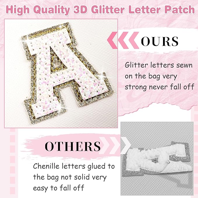 Small Initial Patch Makeup Bag Personalized Gifts Make Up Bag,White Cute PU Leather Glitter Letter Cosmetic Bag with Zipper,Trendy Portable Travel Toiletry Pouch,Preppy Stuff for Teen Girls Women C