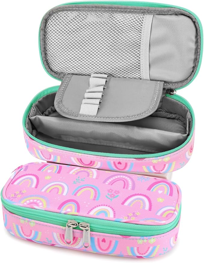 mibasies Girls Pencil Case for Kids, Multi-Slot Pencil Pouch, Rainbow Pink