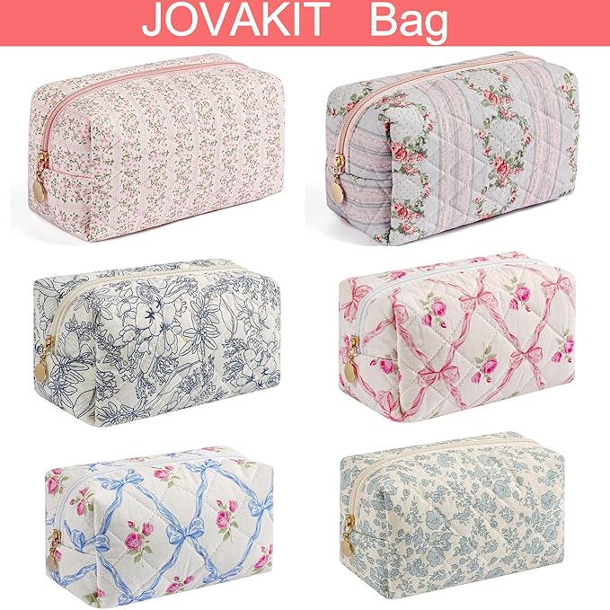JOVAKIT Square Makeup Bag Cute Cosmetic Bag for Women, Floral Coquette Aesthetic Toiletry Bag, Zipper Make Up Pouch, Travel Make Up Organizer Bag (Blue Bowknot)