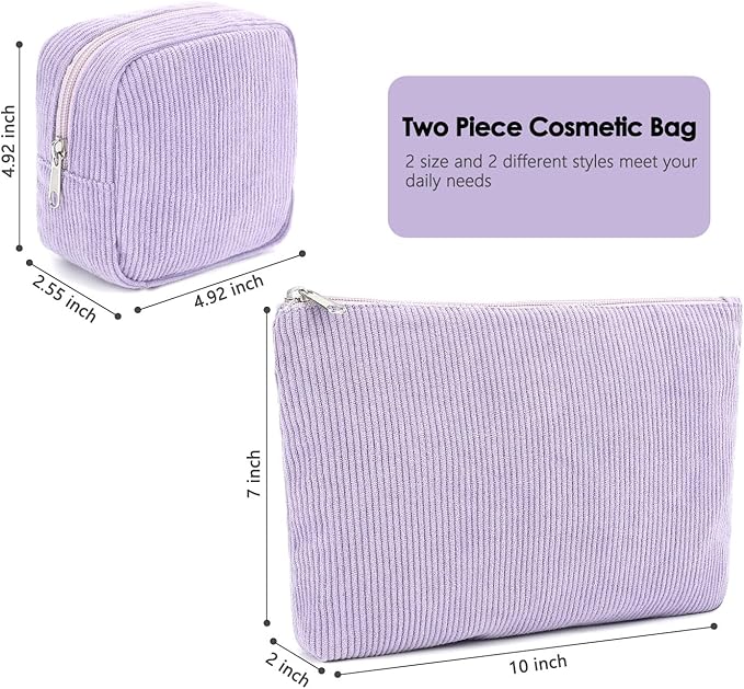 Corduroy Makeup Bag, Travel Cosmetic Bag Organizer Toiletry Bag Make Up Bags with Zipper & Compartments for Women Girls, 2PCS
