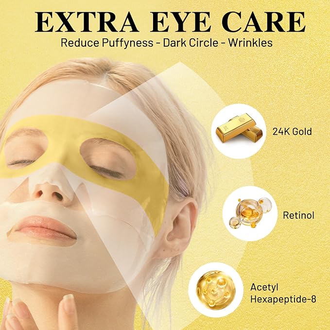 Collagen Face Mask Overnight, 24K Gold and Snail Mucin Sheet Masks for Ageless Eyes, Glass Glow and Skin Hydrating Boost, Jelly Facial Mask for Women, Dull Skin, 37gx4ea(Gold)