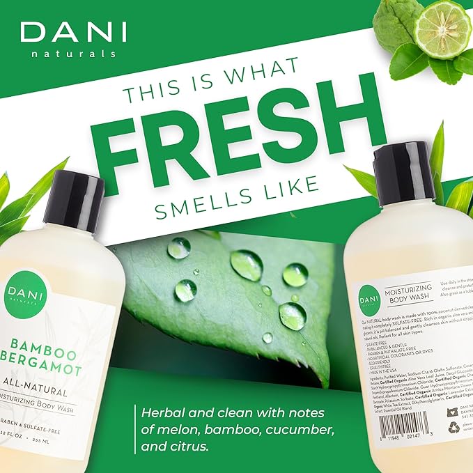 DANI Naturals Moisturizing Body Wash - Refreshing Bamboo Bergamot Scent with Organic Aloe Vera & Natural Glycerin - Paraben & Sulfate-Free Shower Gel - For Men & Women - 12 oz - Vegan & Cruelty-Free