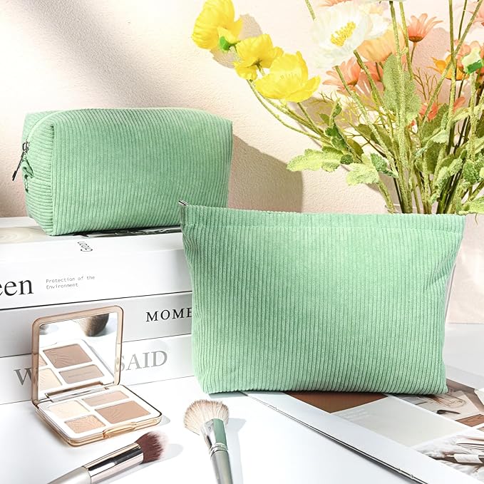 SOIDRAM 2 Pcs Corduroy Makeup Bag Large Cosmetic Bag Toiletry Bag Makeup Pouch Travel Bag Organizer Cute Makeup Brushes Aesthetic Accessories Storage Bag for Women Green