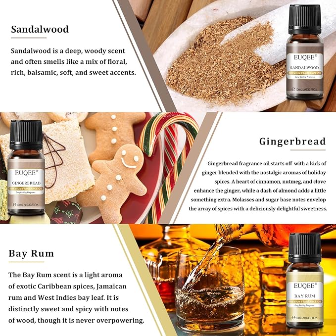 EUQEE 6PCS Spice Autumn Fragrance Oil Set, Scented Oils for Candle Making, Diffusers Aromatherapy Halloween Fragrance Oils for Diffuser & DIY Candles-Sandalwood, Harvest Spice, Bay Rum, Snickerdoodle