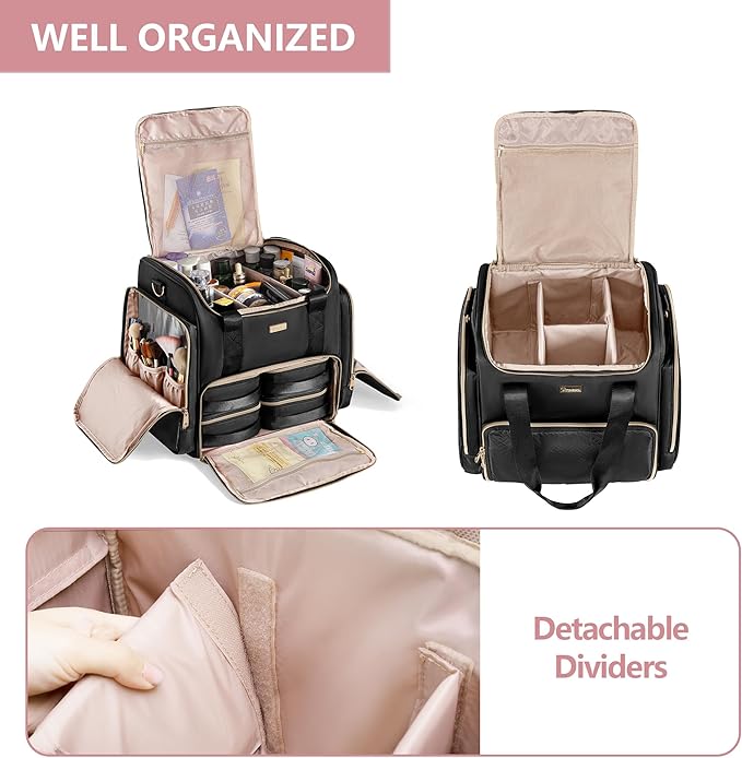 Rolling Makeup Case with 4 Removable Bags, Professional Makeup Train Case with Wheels, Makeup Artist Travel Bag with Brushes Storage Section, Black (Patent Design)