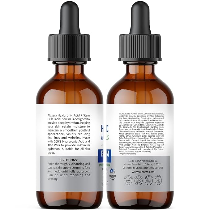Alozera Pure Hyaluronic Acid Serum with Stem Cells for Face & Neck, Deep Hydration Facial Moisturizer for Plumper & Smoother Skin, Concentrated Anti-Aging Serum, Day & Night