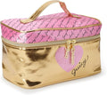 Juicy Couture Gold Pink Makeup Bag Cosmetics Organizer Travel Essentials Train Case Shiny Heart