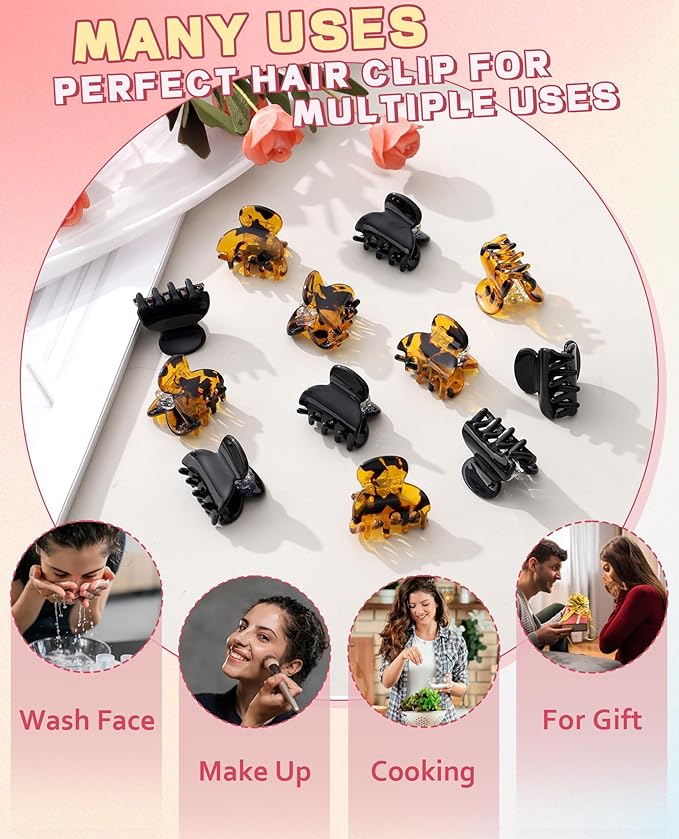 Claw Hair Clips Jaw Clamps - 12PCS Small Hair Claw Jaw Clamp for Thin Hair Styling Accessories Classic Hair Clamp for Women Girls (Black+Leopard)