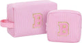 MONSTINA Cute Makeup Bag for Girls&Women Personalized Initial Toiletry Bag,Make Up Case for 11 12 13 14 15 16 Years Old Teen Girls Gift Trendy Stuff Birthday Gift for Her,2PCS Pink B