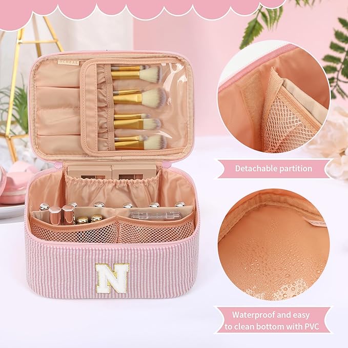 OCHEAL Makeup Bag for Women, Monogram Cosmetic Bag with Brush Holder, Pink Travel Makeup Case Beauty Toiletry Bag Organizer Personalized Gifts for Girls Bridesmaid, Sister, Wife, Friends Initiall N