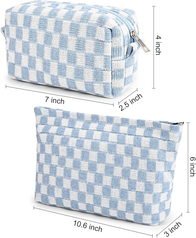 SOIDRAM 2 Pieces Makeup Bag Large Checkered Cosmetic Bag Capacity Canvas Mix Travel Toiletry Bag Organizer Cute Makeup Brushes Aesthetic Accessories Storage Bag for Women, Checkered Mix Blue