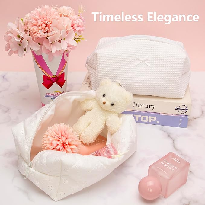 PAZIMIIK Cozy Makeup Bag Travel Cosmetic Bag for Women Soft Toiletry Bag Aesthetic Makeup Organizer Portable Large Zipper Pouch for Skincare Beauty Accessories Brushes Embroidery White